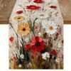 1pc Vibrant Floral Table Runner | Colorful Polyester Blend with Red Poppies, White Daisies & Yellow Asters, Rustic French Country Style, Perfect for Spring & Summer Home Decor, Indoor/Outdoor Use, Holiday, Kitchen Dining, and Family Gatherings